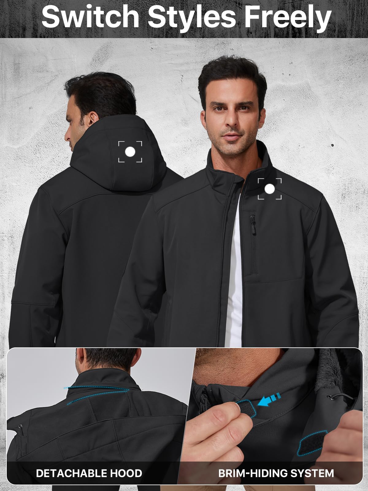 FREE SOLDIER Men's Lightweight Softshell Jacket Winter Fleece Lined Hooded Rain Waterproof Hiking Outdoor Jackets