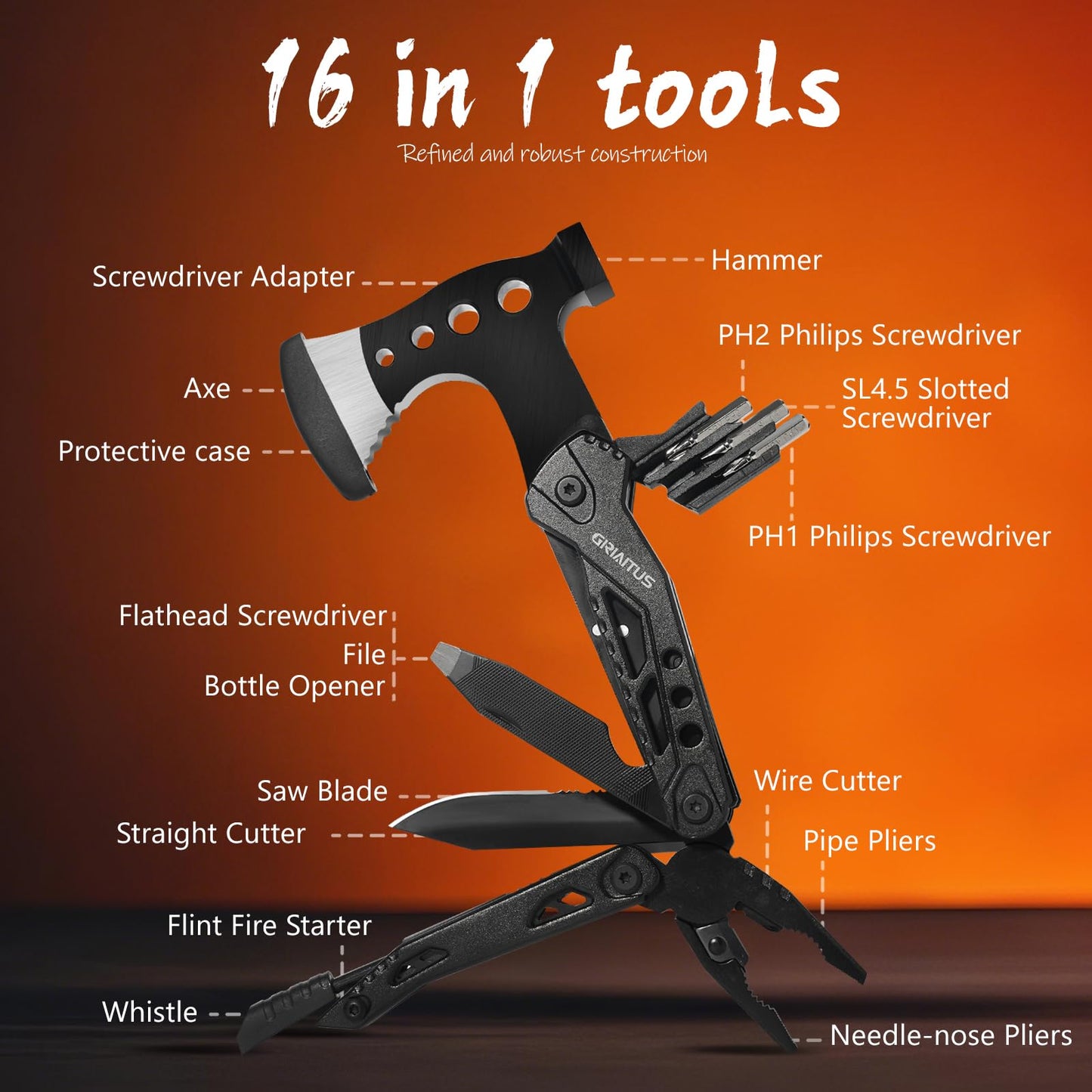 Camping Multitool Accessories Stocking Stuffers for Men 16 in 1 Multi Tool Survival Gear with Axe Hammer Pliers Saw Screwdrivers Bottle Opener Whistle with Sheath for Hiking, Gifts for Men Dad Him