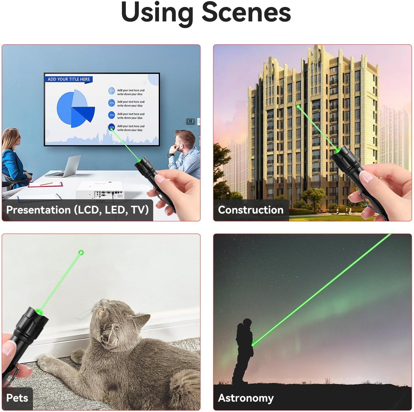 [4 Packs] Rechargeable Green Laser Pointer High Power Green Beam Light Long Distance Range For TV/LED/LCD Screens Tactical Flashlights Presentation Office/Outdoors/Astronomic/Construction [005]