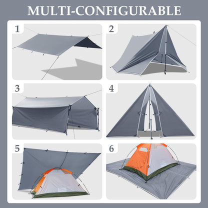 Camping Tarp Tent Portable Multifunctional Bushcraft Backpacking Tear-Resistant Fabric Rain Fly Tarps Awning Shelter Lightweight Waterproof Tarp(10×10 tarp)