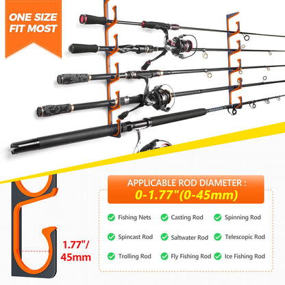 PLUSINNO H5 Horizontal Fishing Rod/Pole Holders for Garage, Wall or Ceiling Mounted Fishing Rod Rack, Aviation Aluminum Fishing Holder Holds up to 5/10/20 Rod or Combos Fishing Gear and Gifts for Men