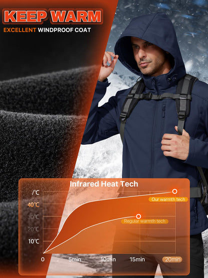 FREE SOLDIER Men's Lightweight Softshell Jacket Winter Fleece Lined Hooded Rain Waterproof Hiking Outdoor Jackets