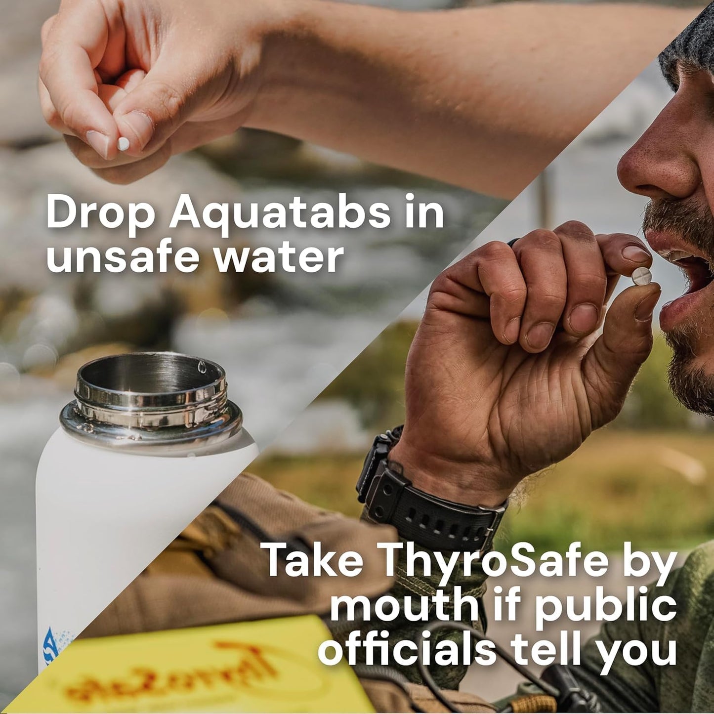 Aquatabs 397mg Water Purification Tablets (100 Pack) and Thyrosafe 65 mg Potassium Iodide Tablets (20 Pack) - Emergency Kit for Radiation and Water Treatment - Portable Survival Kit