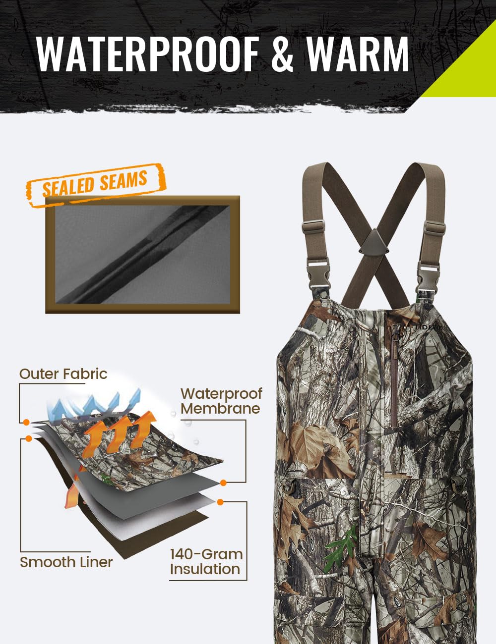 TIDEWE Hunting Bibs Heated with Battery, Waterproof Insulated Bibs for Fishing