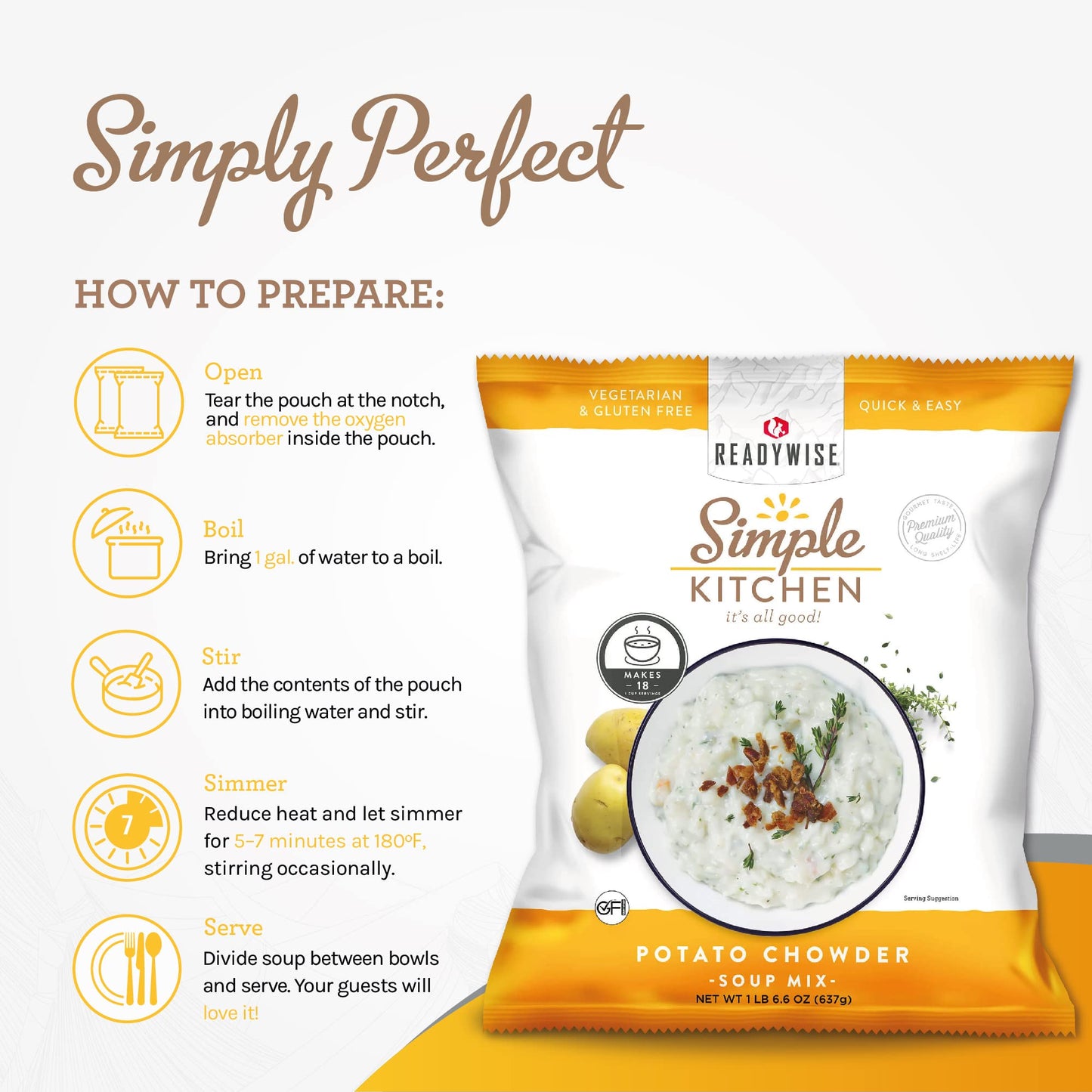 READYWISE - Simple Kitchen, Tomato Basil Soup, 17 Servings, MRE, Gluten Free, & Vegetarian, Food, Soup Mix, for Events, Hiking, Emergency Food Supply, Camping Essentials, or Daily Use, 1 Pack