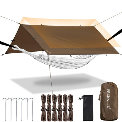 Camping Tarp Tent Portable Multifunctional Bushcraft Backpacking Tear-Resistant Fabric Rain Fly Tarps Awning Shelter Lightweight Waterproof Tarp(10×10 tarp)