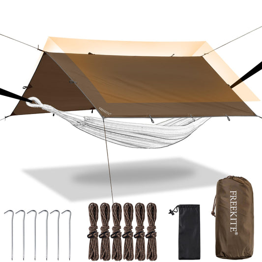 Camping Tarp Tent Portable Multifunctional Bushcraft Backpacking Tear-Resistant Fabric Rain Fly Tarps Awning Shelter Lightweight Waterproof Tarp(10×10 tarp)