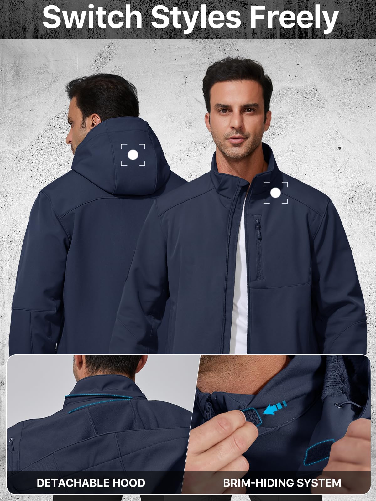 FREE SOLDIER Men's Lightweight Softshell Jacket Winter Fleece Lined Hooded Rain Waterproof Hiking Outdoor Jackets