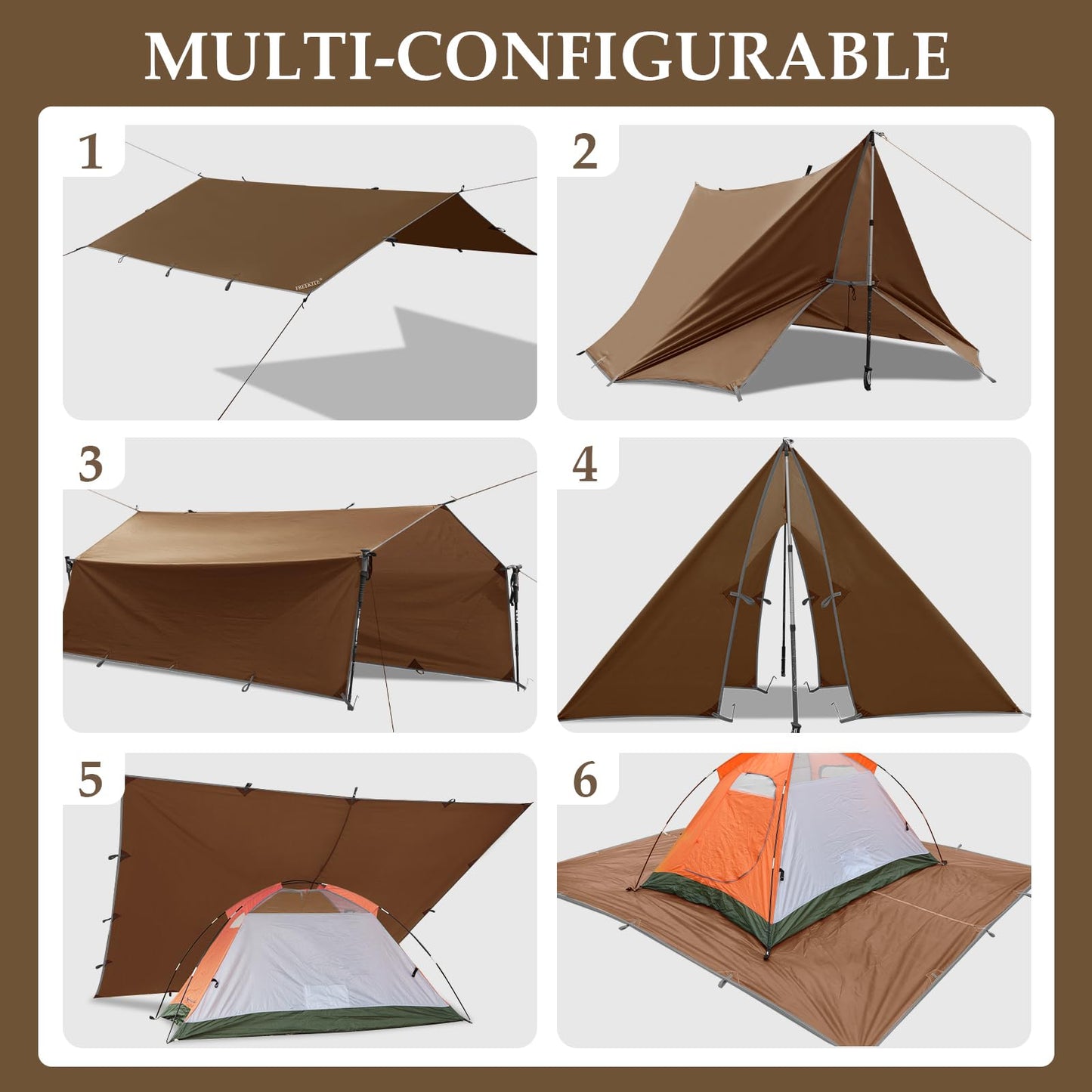 Camping Tarp Tent Portable Multifunctional Bushcraft Backpacking Tear-Resistant Fabric Rain Fly Tarps Awning Shelter Lightweight Waterproof Tarp(10×10 tarp)
