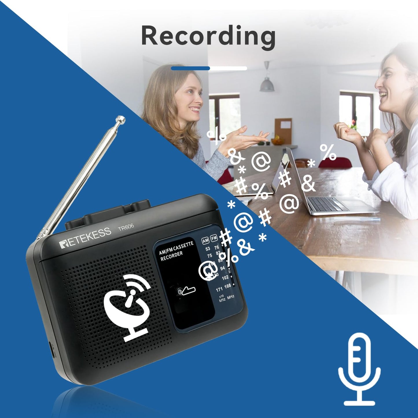 Retekess TR606 Cassette Tape Player, Cassette Player Recorder, Built-in Speaker, AUX/Microphone Jack, Support AUX Line in Record, AM FM Radio, Powered by DC or AA Battery (White)