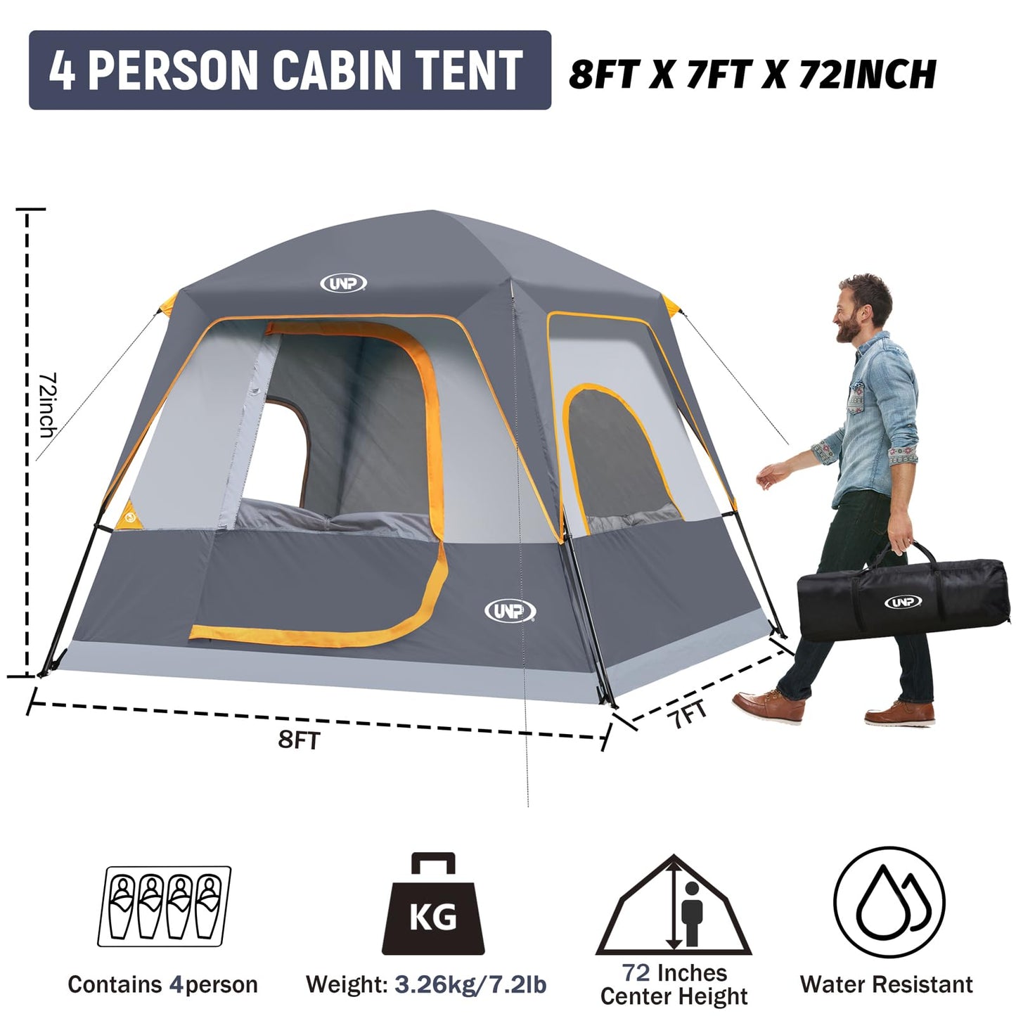 UNP 2/4/6/8 Person Tent, Portable Cabin Tent, Camping Tent 4-Person Easy Set Up, Waterproof with Top Rainfly for Outdoor Camping/Hiking | Easy Set Up, Waterproof, Top Rainfly