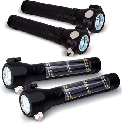 Ready Hour 9-in-1 Multi Function LED Solar Rechargeable Flashlight (4 Pack) | Emergency Car Safety Tool with Power Bank, Window Breaker, Seatbelt Cutter, Compass, Car Accessories, Gift for New Drivers