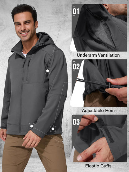 FREE SOLDIER Men's Lightweight Softshell Jacket Winter Fleece Lined Hooded Rain Waterproof Hiking Outdoor Jackets