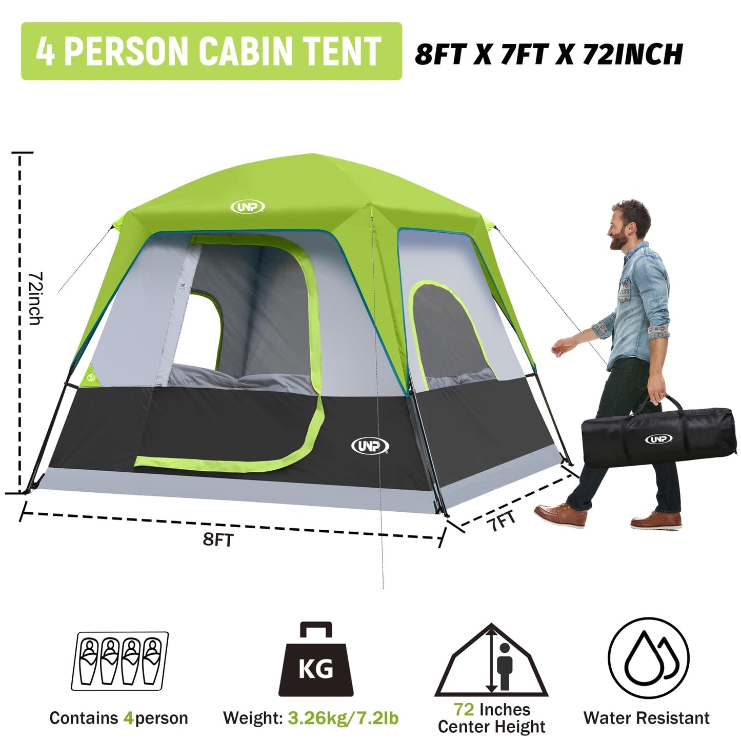 UNP 2/4/6/8 Person Tent, Portable Cabin Tent, Camping Tent 4-Person Easy Set Up, Waterproof with Top Rainfly for Outdoor Camping/Hiking | Easy Set Up, Waterproof, Top Rainfly