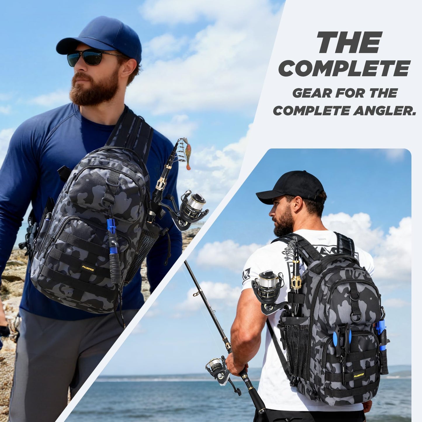 PLUSINNO Fishing Backpack with Fishing Rod and Reel Combos Tackle Boxes, Waterproof Tackle Backpack for Fishing Gear with Rod Holder, Fishing Gifts for Men with Fishing Tool Kit...