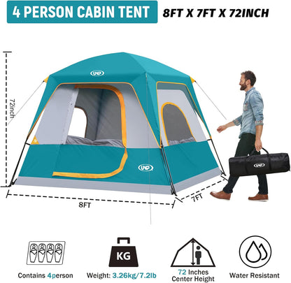 UNP 4 Person Camping Dome and Cabin Tent Easy Set Up, Waterproof with Top Rainfly for Outdoor Camping/Hiking