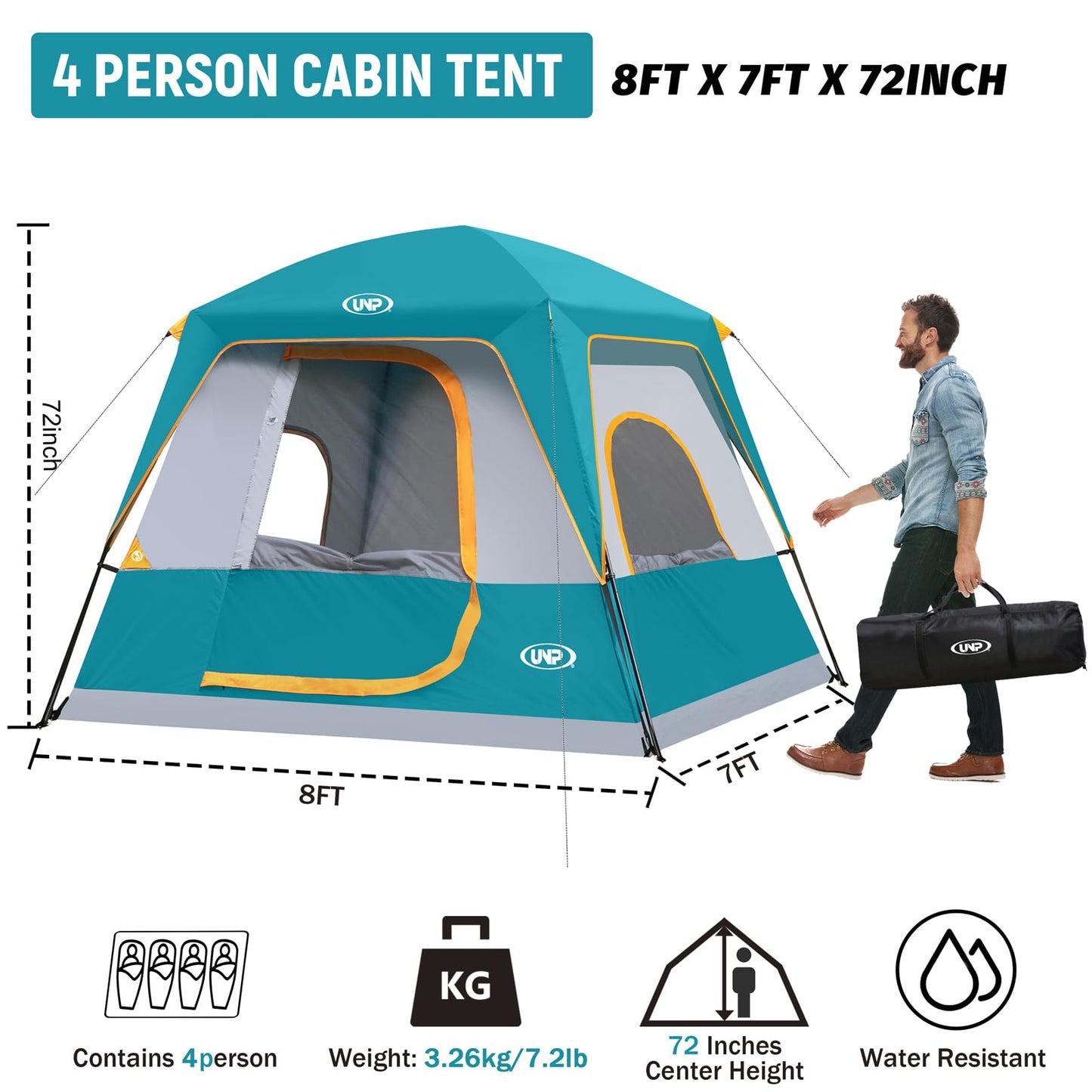 UNP 2/4/6/8 Person Tent, Portable Cabin Tent, Camping Tent 4-Person Easy Set Up, Waterproof with Top Rainfly for Outdoor Camping/Hiking | Easy Set Up, Waterproof, Top Rainfly