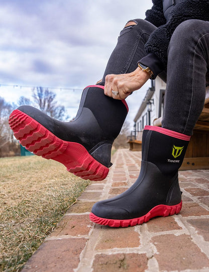 TIDEWE Rubber Boots for Women with Steel Shank, 6mm Neoprene Waterproof Insulated Mid Calf Rain Boots, Sturdy Hunting Work Boots for Farming Gardening Fishing