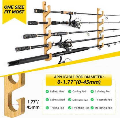 PLUSINNO WH5 Horizontal Fishing Rod/Pole Holders for Garage, Wall or Ceiling Mounted Rack, Solid Wood Fishing Rod Holder Holds up to 5/10/20 Rods or Combos Fishing Gear, Gifts for Men
