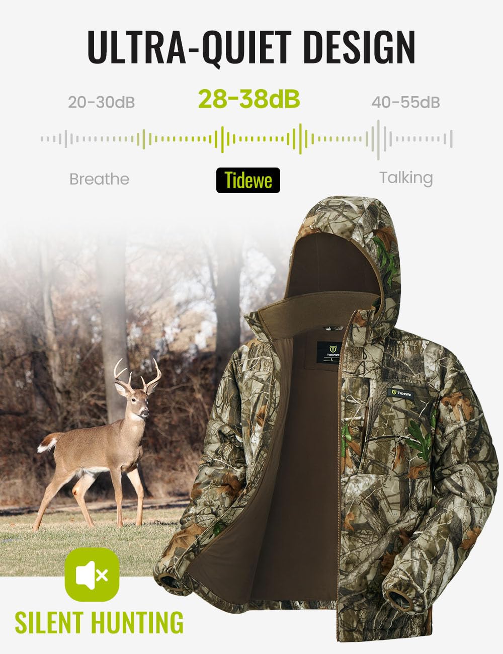 TIDEWE Hunting Jackets for Men, Silent Hunting Coat with 220G Insulation, Deer Hunting Clothes, Next Camo G2