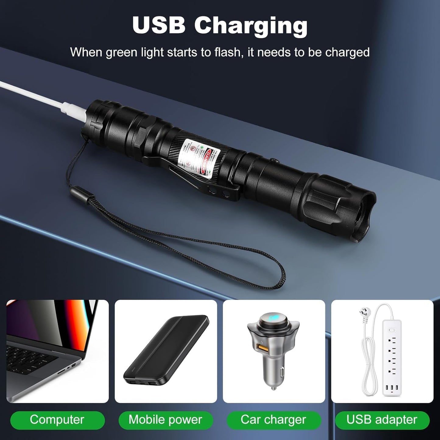 Damflew Green Laser Pointer High Power - Long Range Rechargeable Laser Beam, USB-A Charging for Hiking, Presentations & Outdoor Use (Professional-Grade Green Light)