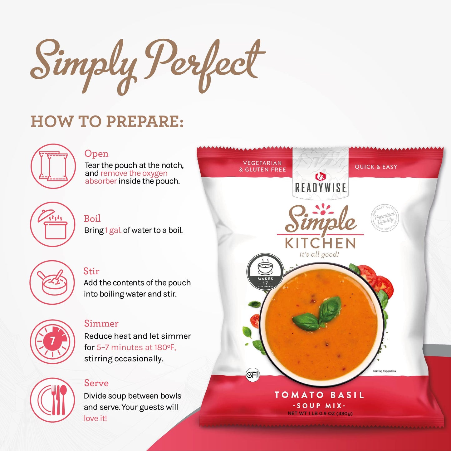 READYWISE - Simple Kitchen, Tomato Basil Soup, 17 Servings, MRE, Gluten Free, & Vegetarian, Food, Soup Mix, for Events, Hiking, Emergency Food Supply, Camping Essentials, or Daily Use, 1 Pack