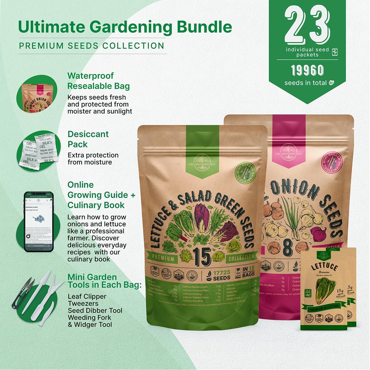 Organo Republic 15 Lettuce & Greens and 8 Onion Seeds Variety Pack Bundle, 19,975+ Non-GMO Heirloom Garden Seeds for Planting Lettuce, Greens, and Onions for Indoor & Outdoor Gardening