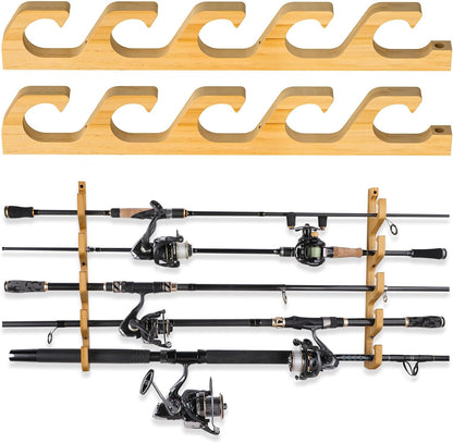 PLUSINNO WH5 Horizontal Fishing Rod/Pole Holders for Garage, Wall or Ceiling Mounted Rack, Solid Wood Fishing Rod Holder Holds up to 5/10/20 Rods or Combos Fishing Gear, Gifts for Men