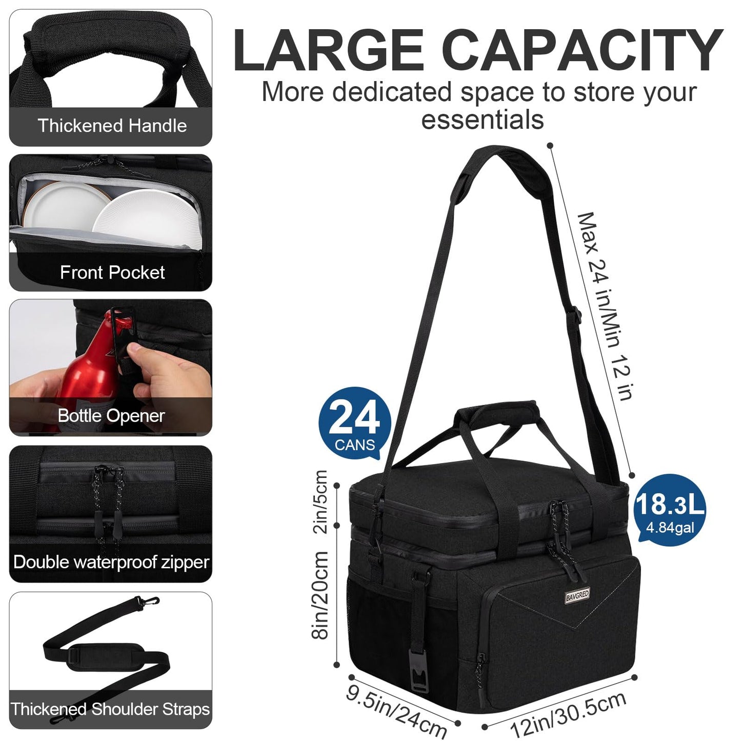 BAVGRED Lunch Box for Men Women,Reusable Large Double Deck Tactical Insulated Lunch Bag with Adjustable Shoulder Strap,Leakproof Tote Cooler Bag for Work Adults Picnic Beach Office-24 Cans