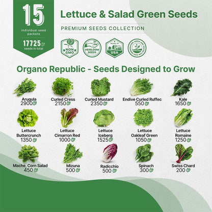 Organo Republic 22 Lettuce & Salad Greens Seeds Variety Pack 24,700+ Non-GMO Heirloom Lettuce Seeds for Indoor & Outdoor Garden, Hydroponics, Aerogarden - Arugula, Kale, Spinach, Swiss Chard, Lettuce