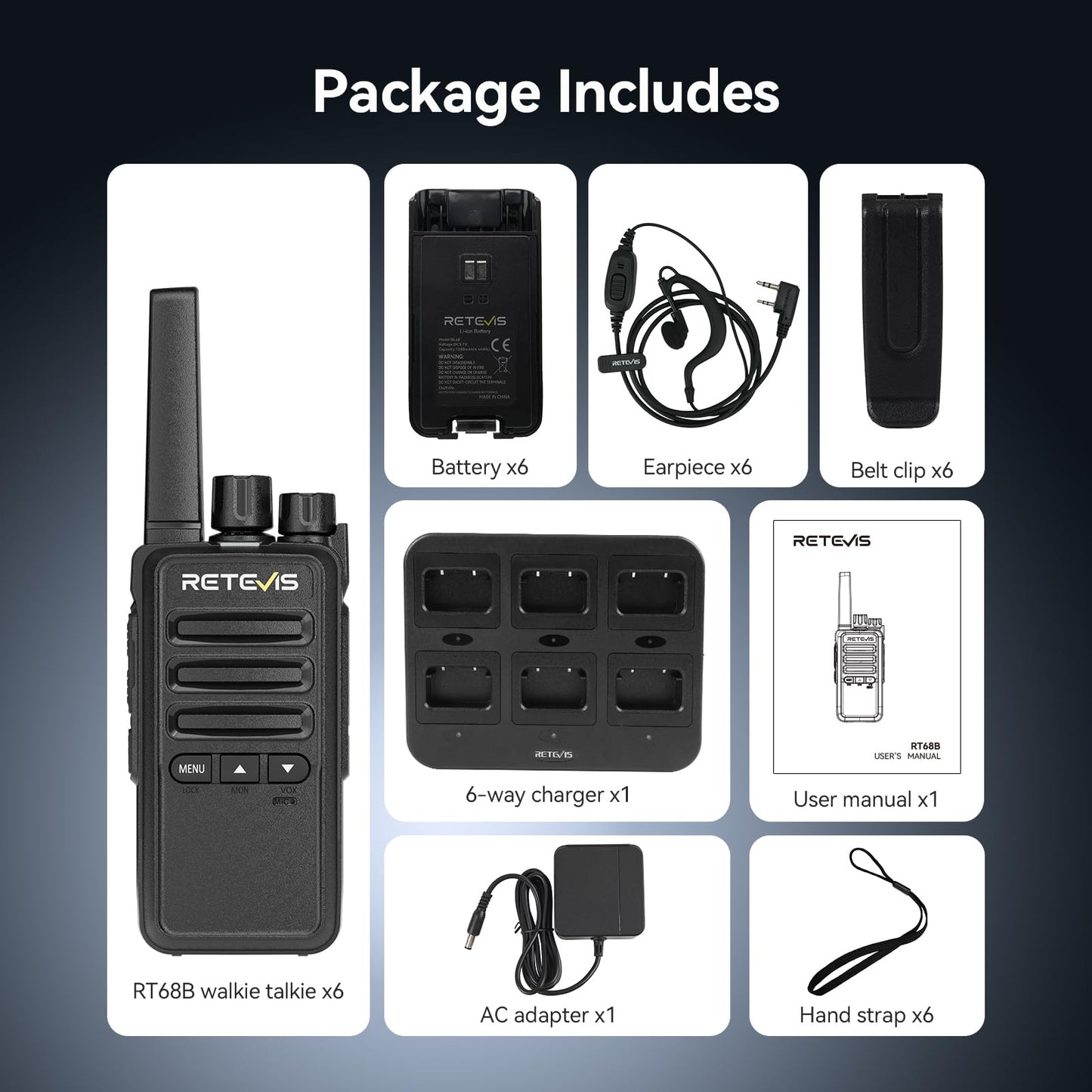 Retevis RT68 Walkie Talkies Rechargeable, Portable Two Way Radios 6 Pack with Six-Way Multi Gang Charger, Heavy Duty Walkie Talkie for Adults, Hands Free, Long Range, for School Restaurant Farm