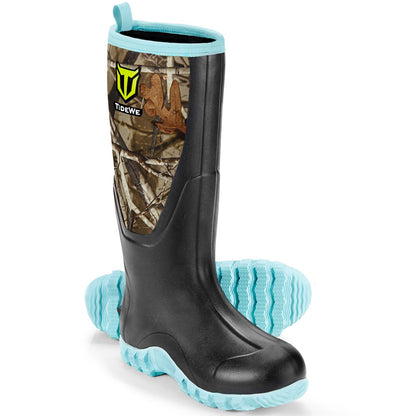 TIDEWE Rubber Boots for Women with Steel Shank, Waterproof Rain Boots Multi-Season, 6mm Neoprene Sturdy Rubber Outdoor Hunting Boots Next Camo G2 (Pink & Green)