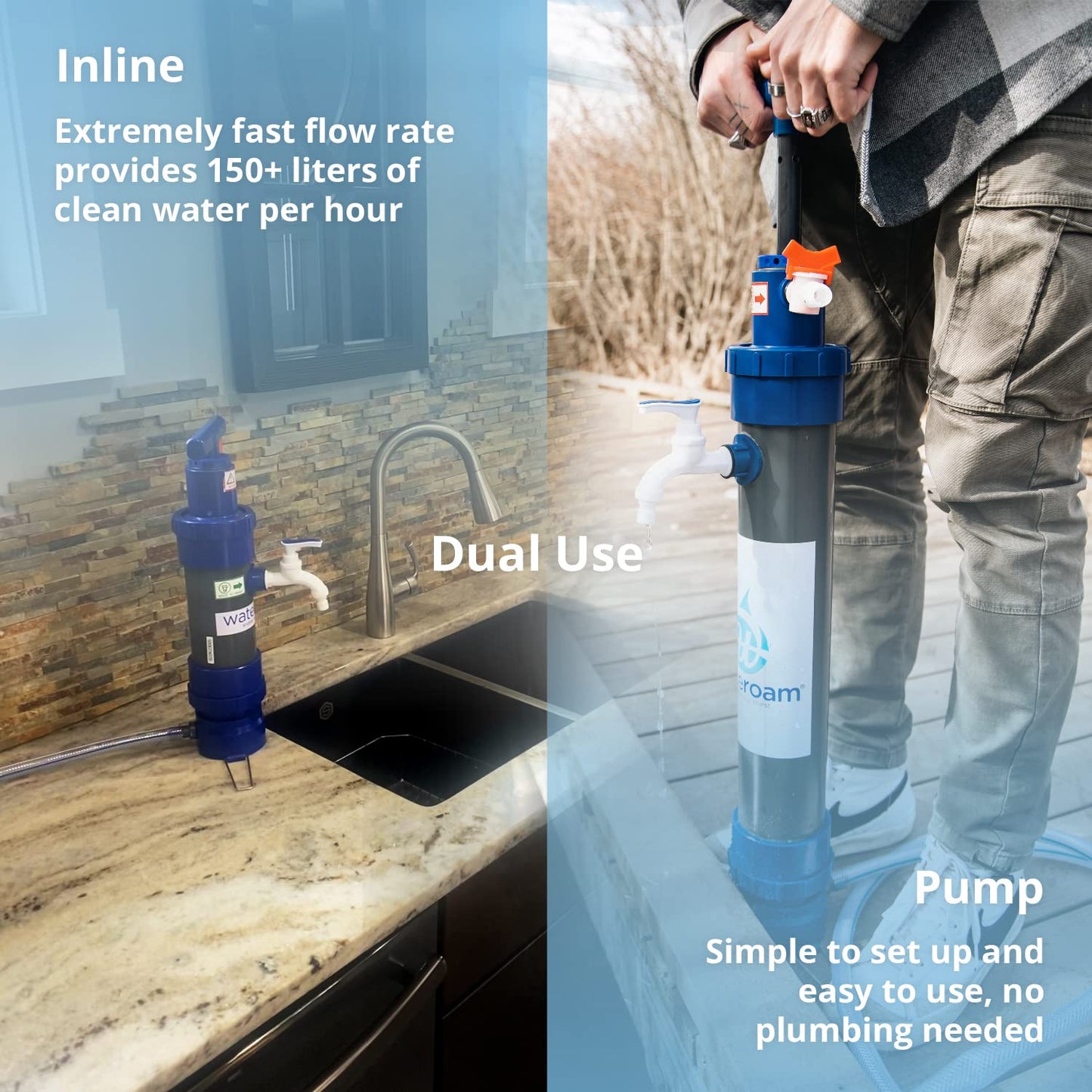 ROAMfilter Plus - Portable Water Filter System - Hiking & Backpacking Water Purifier Pump with Inline Capability for Camping & Emergency, Long Lifespan, no Electricity Required