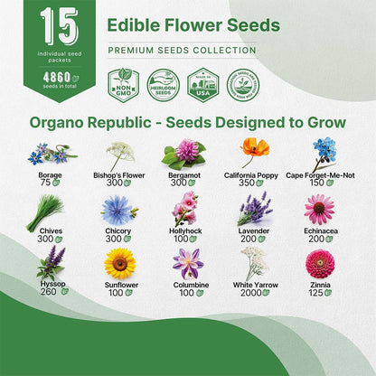 Organo Republic 25 Edible Flower Seeds Variety Pack for Indoor Outdoor Gardening - 8,000+ Non-GMO Heirloom Flower Seeds: Anise, Hyssop, Nasturtium, Pansy, Echinacea, Lavender, Chives & More