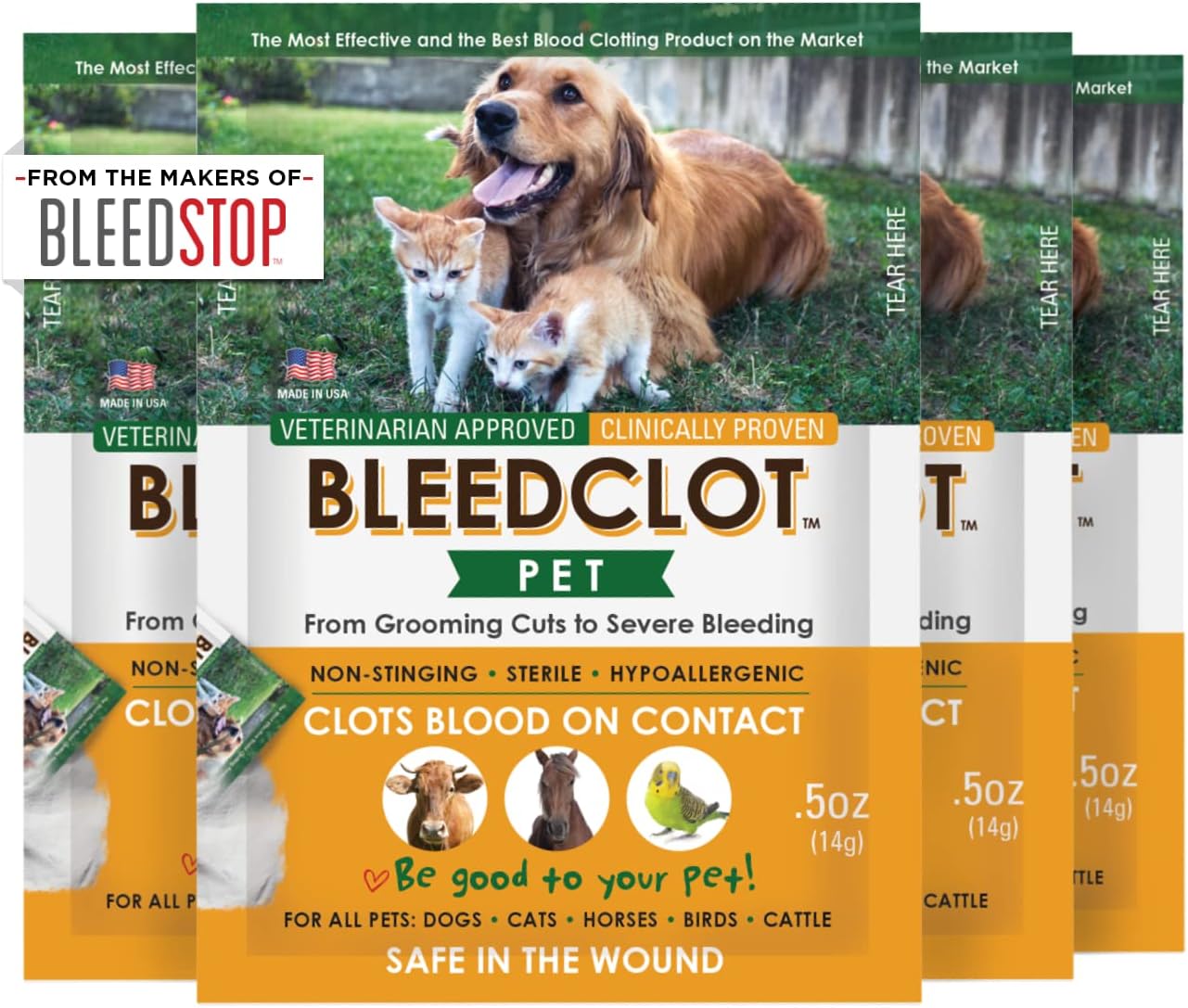 BleedStop™ First Aid Powder for Blood Clotting (4x15g, Pouches) and BleedClot Pet First Aid Powder (4x0.5oz, Pouches)