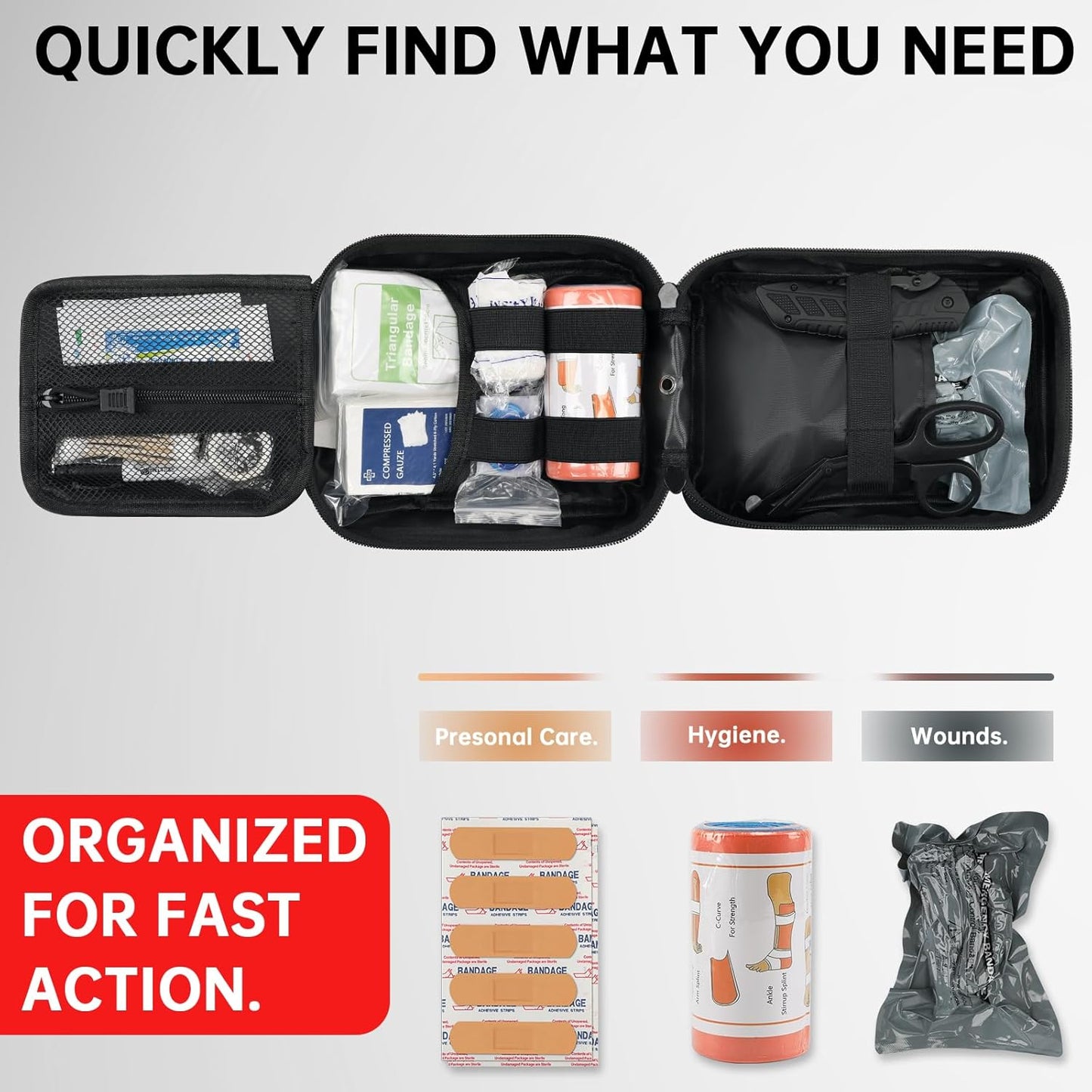 Trauma Kit, Compact Tactical IFAK Emergency Survival First Aid Kits Hemostatic Combat Wound Care Molle Pouch with Israeli Bandage, Chest Seal, Splint for Military, Black