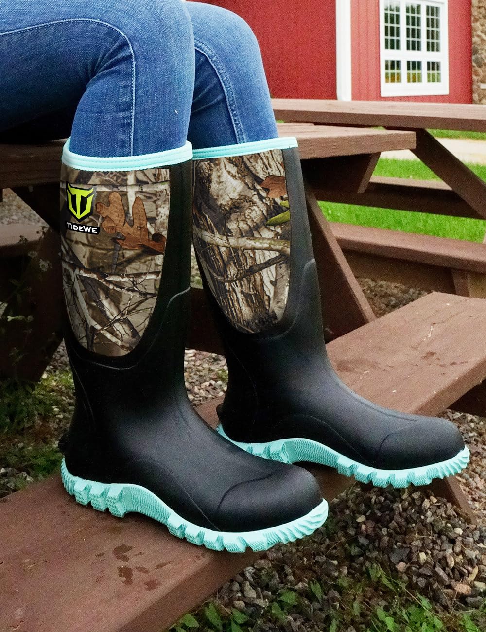 TIDEWE Rubber Boots for Women with Steel Shank, Waterproof Rain Boots Multi-Season, 6mm Neoprene Sturdy Rubber Outdoor Hunting Boots Next Camo G2 (Pink & Green)