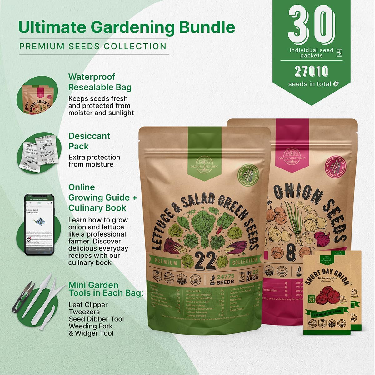 Organo Republic 22 Lettuce & Salad Greens and 8 Onion Seeds Variety Pack Bundle, 26,900+ Non-GMO Heirloom Seeds for Planting Lettuce and Onions for Indoor & Outdoor Gardening