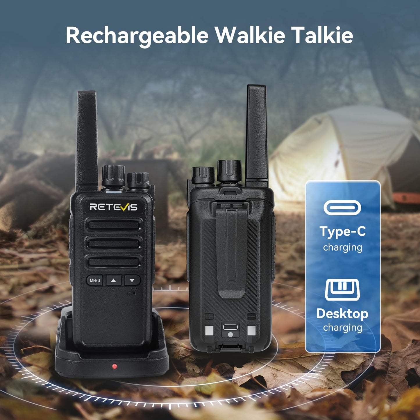 Retevis RT68 Walkie Talkies Rechargeable,Portable FRS Two-Way Radios for Adults,Heavy Duty 2 Way Radios Long Range,USB Charging Base,License Free Walkie Talkie for Road Trip Gifts Camping (2 Pack)