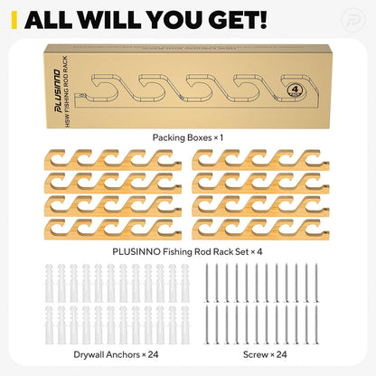 PLUSINNO WH5 Horizontal Fishing Rod/Pole Holders for Garage, Wall or Ceiling Mounted Rack, Solid Wood Fishing Rod Holder Holds up to 5/10/20 Rods or Combos Fishing Gear, Gifts for Men