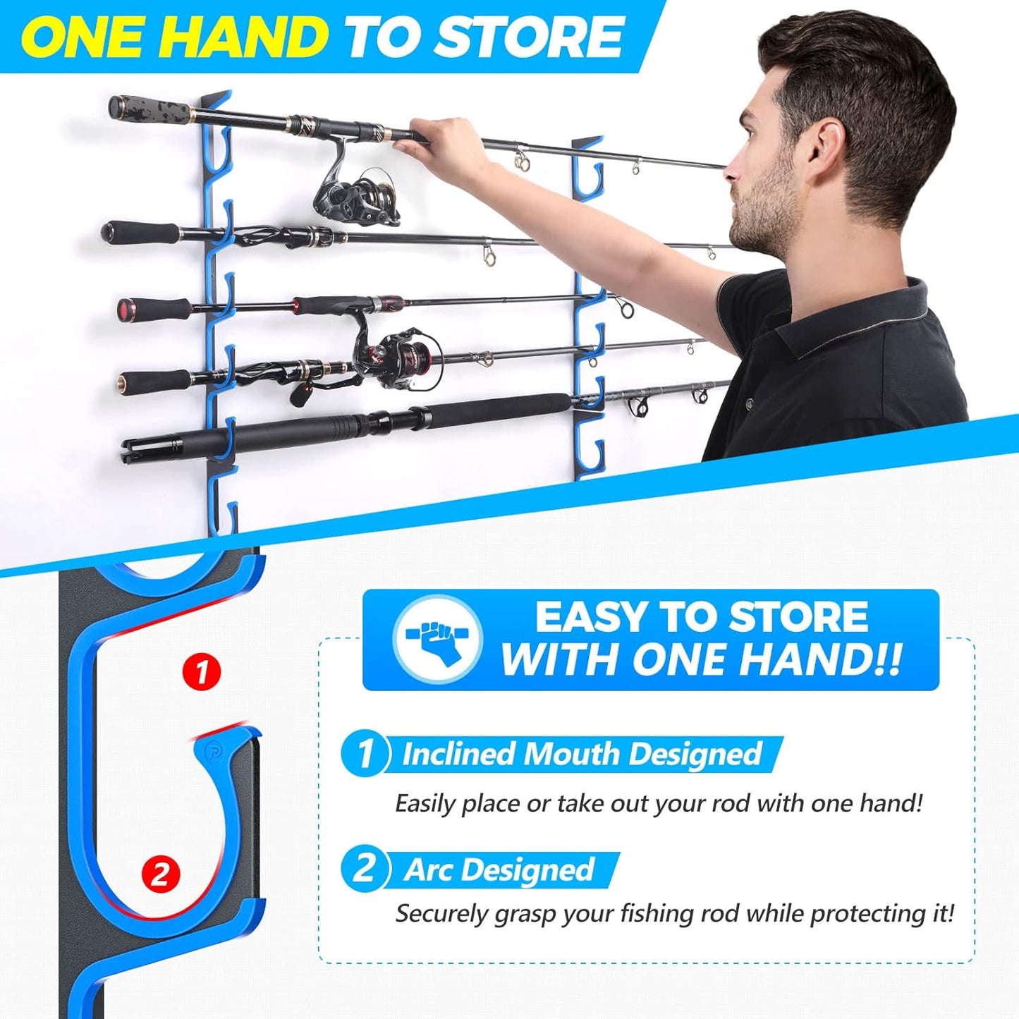PLUSINNO H5 Horizontal And WH5 Fishing Rod/Pole Holders for Garage,Wall or Ceiling Mounted Fishing Rod Rack