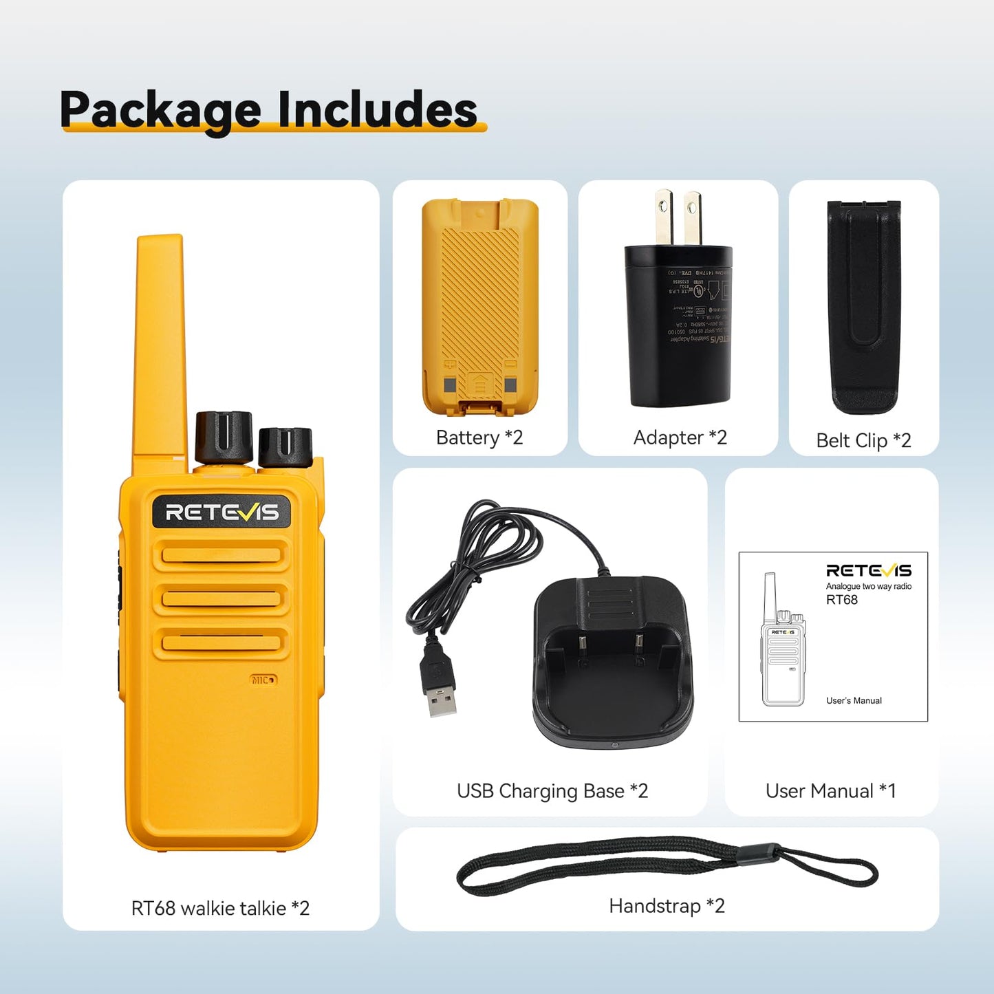 Retevis RT68 Walkie Talkies Rechargeable,Portable FRS Two-Way Radios for Adults,Heavy Duty 2 Way Radios Long Range,USB Charging Base,License Free Walkie Talkie for Road Trip Gifts Camping (2 Pack)