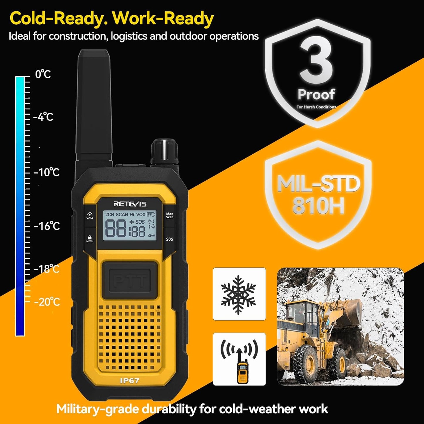 Retevis RB48 Heavy Duty Walkie Talkies, Waterproof Two Way Radio, Advanced Triple Proof, 2000 mAh, Emergency, 2 Way Radio Long Range for Job Site (4 Pack) Yellow