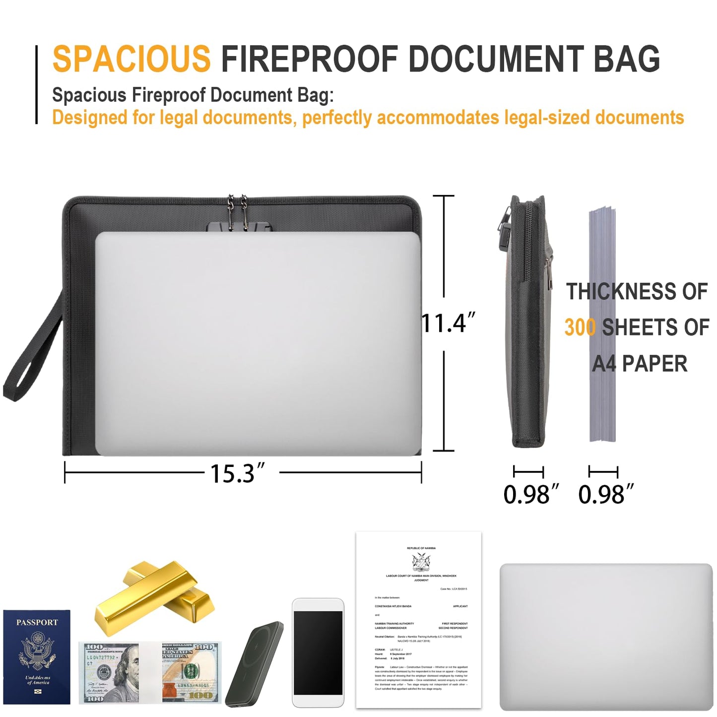 Fireproof Money Bag,Money Bag with Lock and Zipper,Safe Fireproof Waterproof,Suitable for Cash, Mobile Phones, Keys, Credit Cards