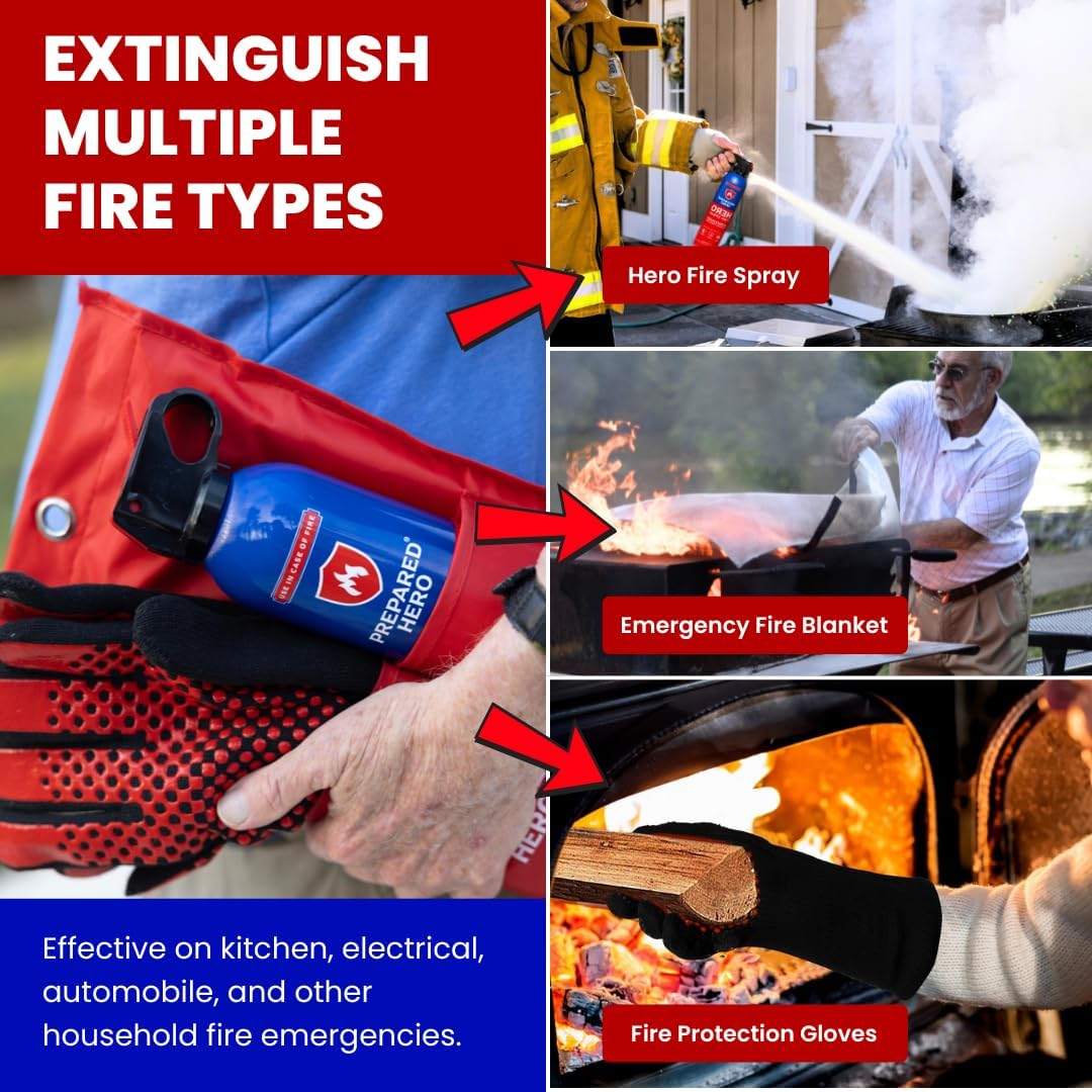 Fire Safety Station by Prepared Hero - Includes The Emergency Fire Blanket, Hero Fire Spray & Heat Resistant Gloves - Fire Extinguisher for Home - Fire Blanket for Home and Kitchen