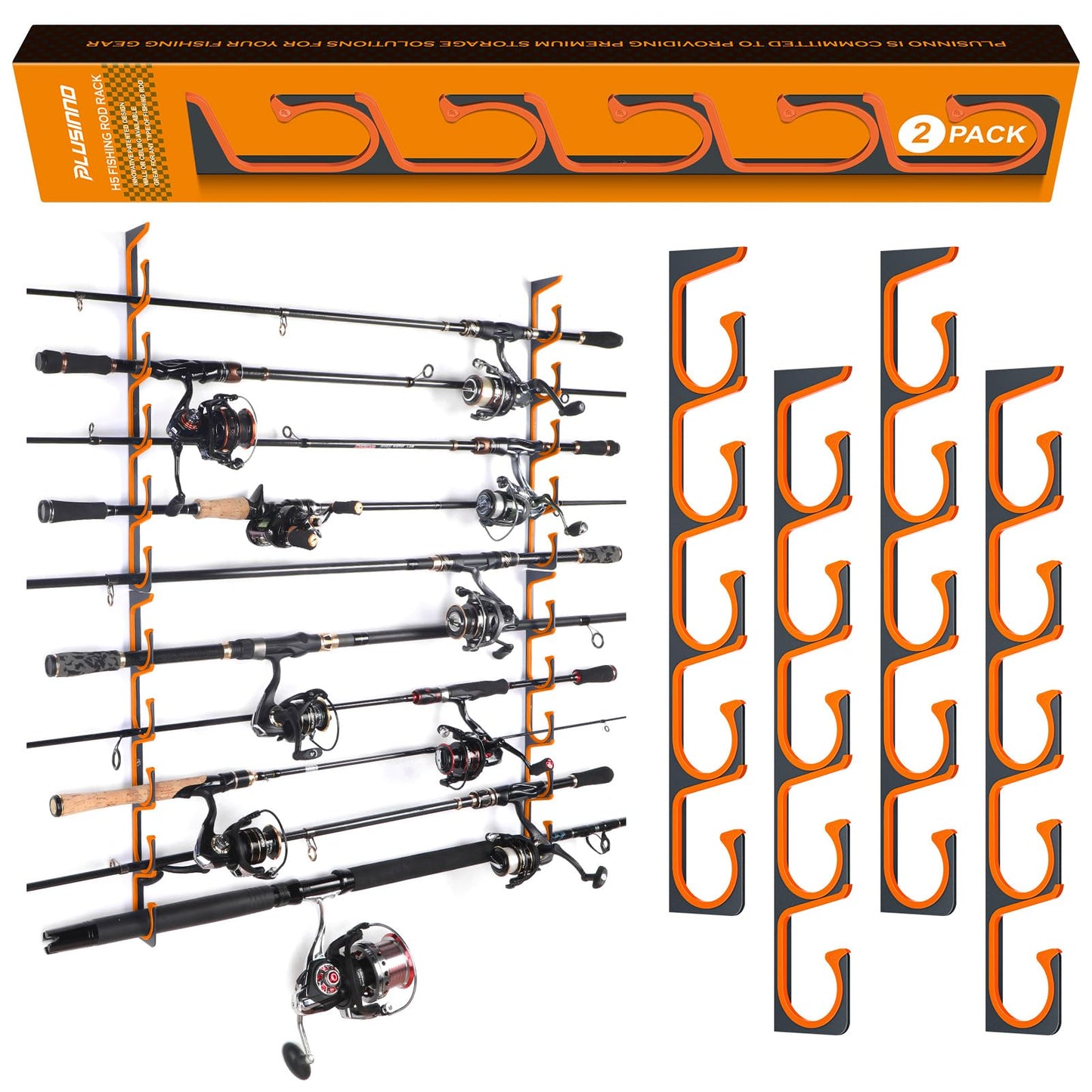 PLUSINNO H5 Horizontal Fishing Rod/Pole Holders for Garage, Wall or Ceiling Mounted Fishing Rod Rack, Aviation Aluminum Fishing Holder Holds up to 5/10/20 Rod or Combos Fishing Gear and Gifts for Men