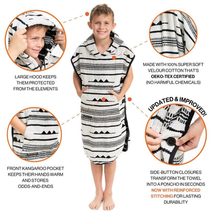 Arcturus Surf Poncho | Hooded Changing Towel & Cover-Up | 100% Cotton Velour | 2-in-1 Design Converts Your Poncho to a Beach Towel (Blackies, Kids)