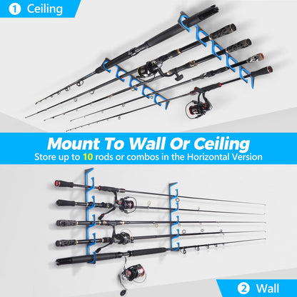 PLUSINNO H5 Horizontal Fishing Rod/Pole Holders for Garage, Wall or Ceiling Mounted Fishing Rod Rack, Aviation Aluminum Fishing Holder Holds up to 5/10/20 Rod or Combos Fishing Gear and Gifts for Men
