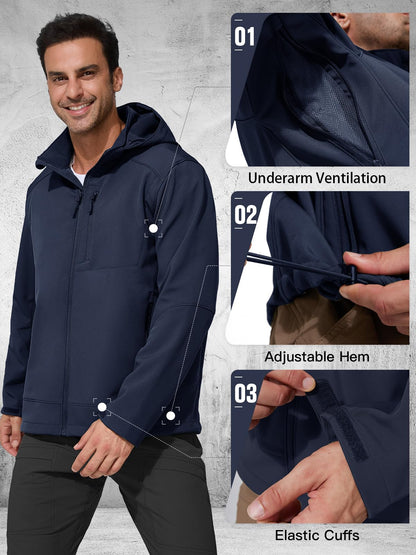 FREE SOLDIER Men's Lightweight Softshell Jacket Winter Fleece Lined Hooded Rain Waterproof Hiking Outdoor Jackets