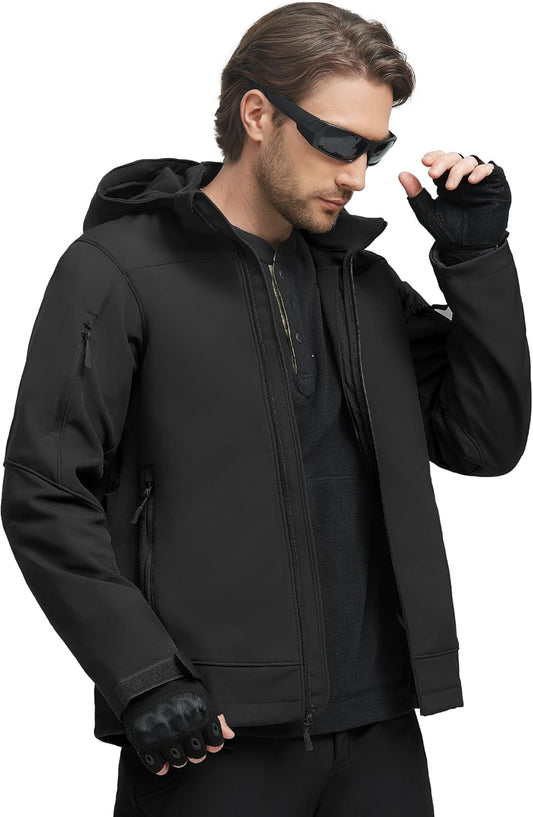 FREE SOLDIER Softshell Jackets for Men Water Resistant Fleece Lined Tactical Hunting Winter Windbreaker with Detachable Hood(Black,XL)